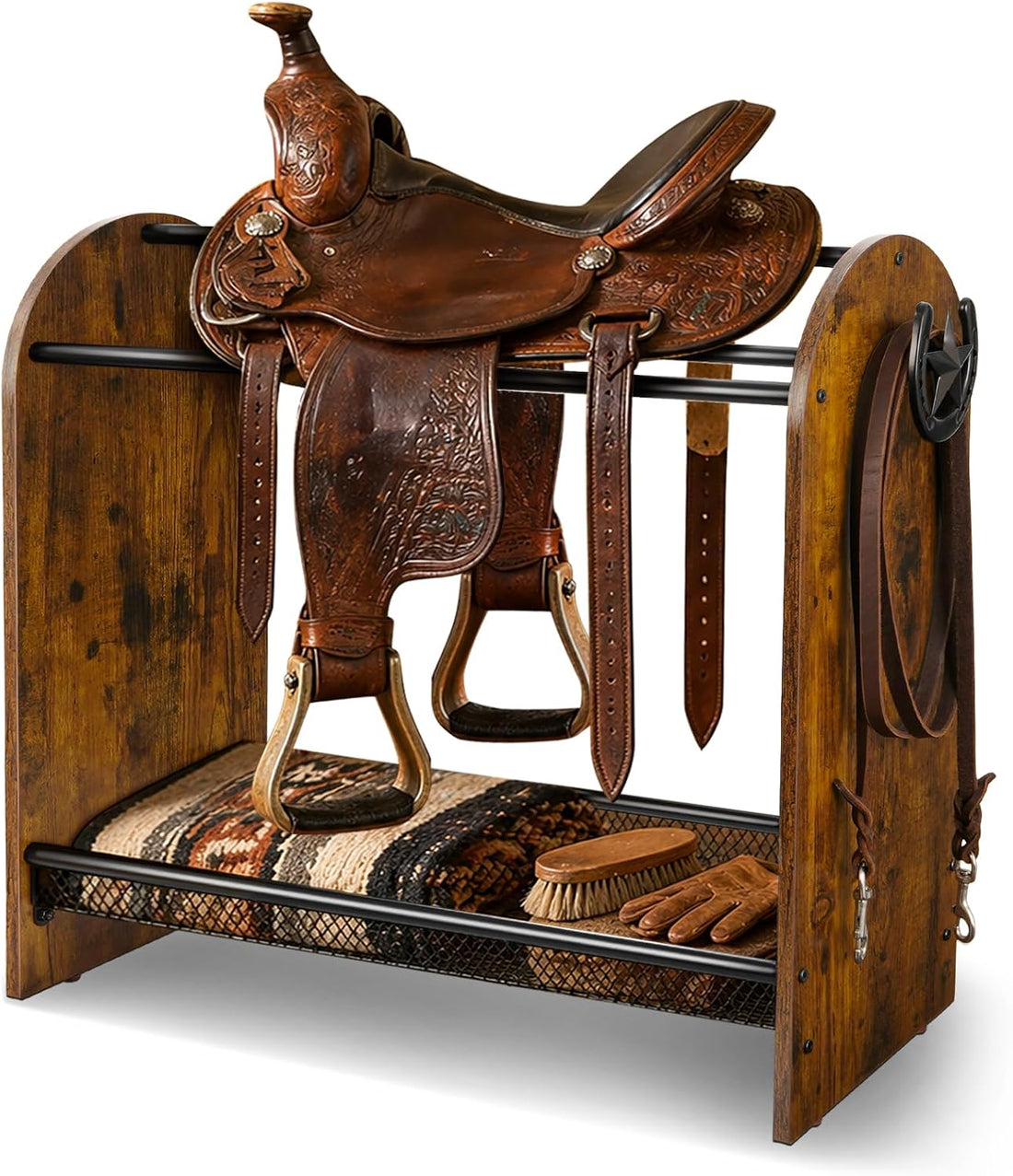 Saddle Rack Stand, Freestanding Horse Saddle Holder with Mesh Shelf