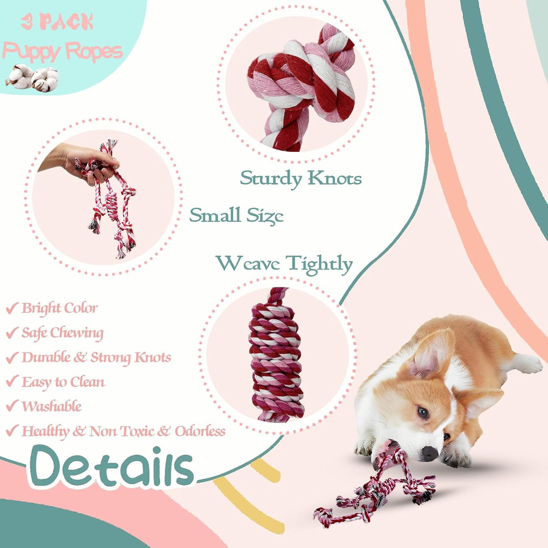Cdyzqikm Puppy 3 Pack Cotton Knot Rope Toys for Small Dogs & Puppies