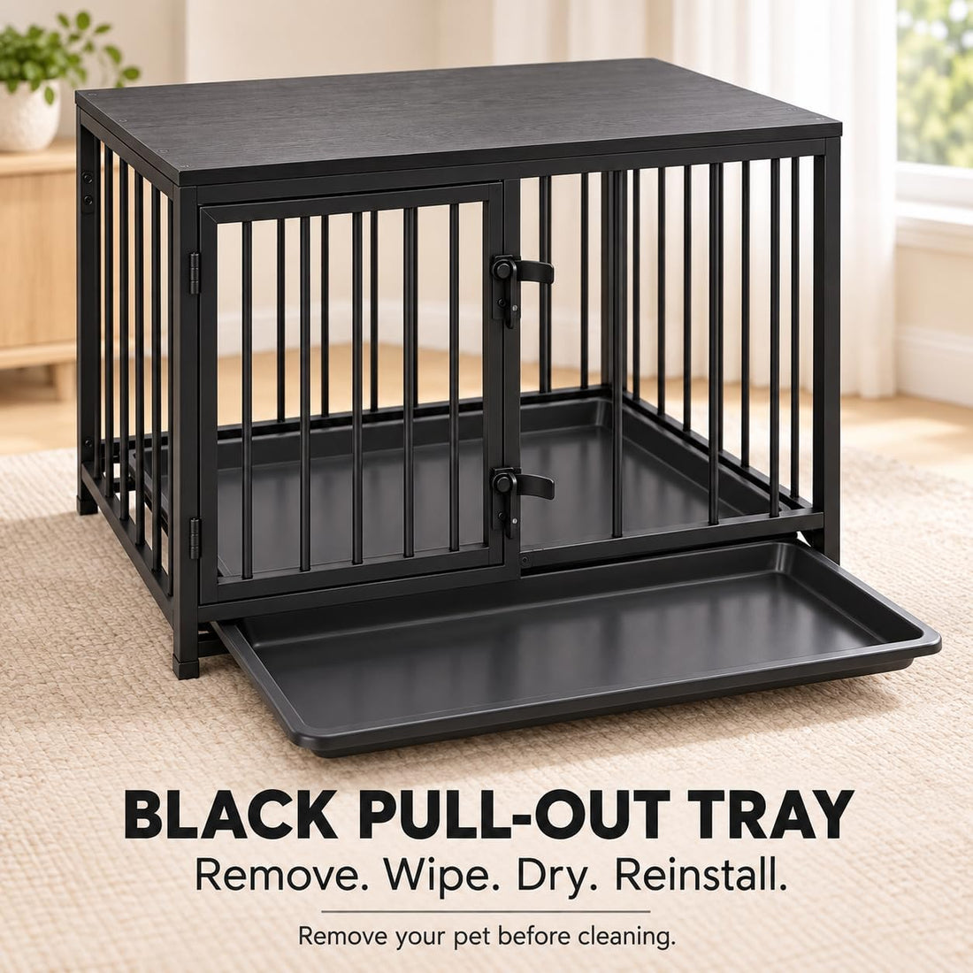 Dog Crate Furniture, 33.5" Metal Dog Kennel, Wood Tabletop