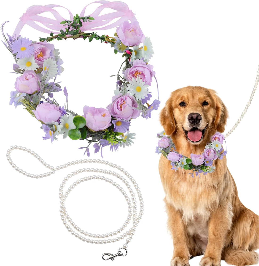 Dog Wedding Flower Collar with Pearl Leash,2 PCS Purple Rose