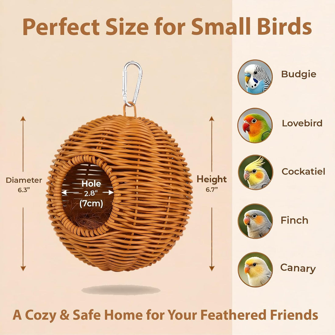Bird Nest for Cage, Hanging Rattan Parakeet Nest，Washable Breathable