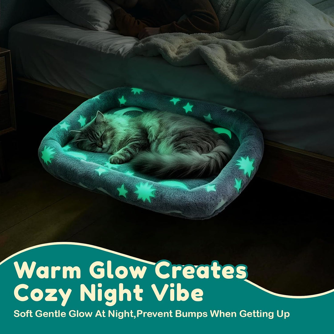 Bedside Cat Bed Attached to Human Bed with Glow in The Dark Stars