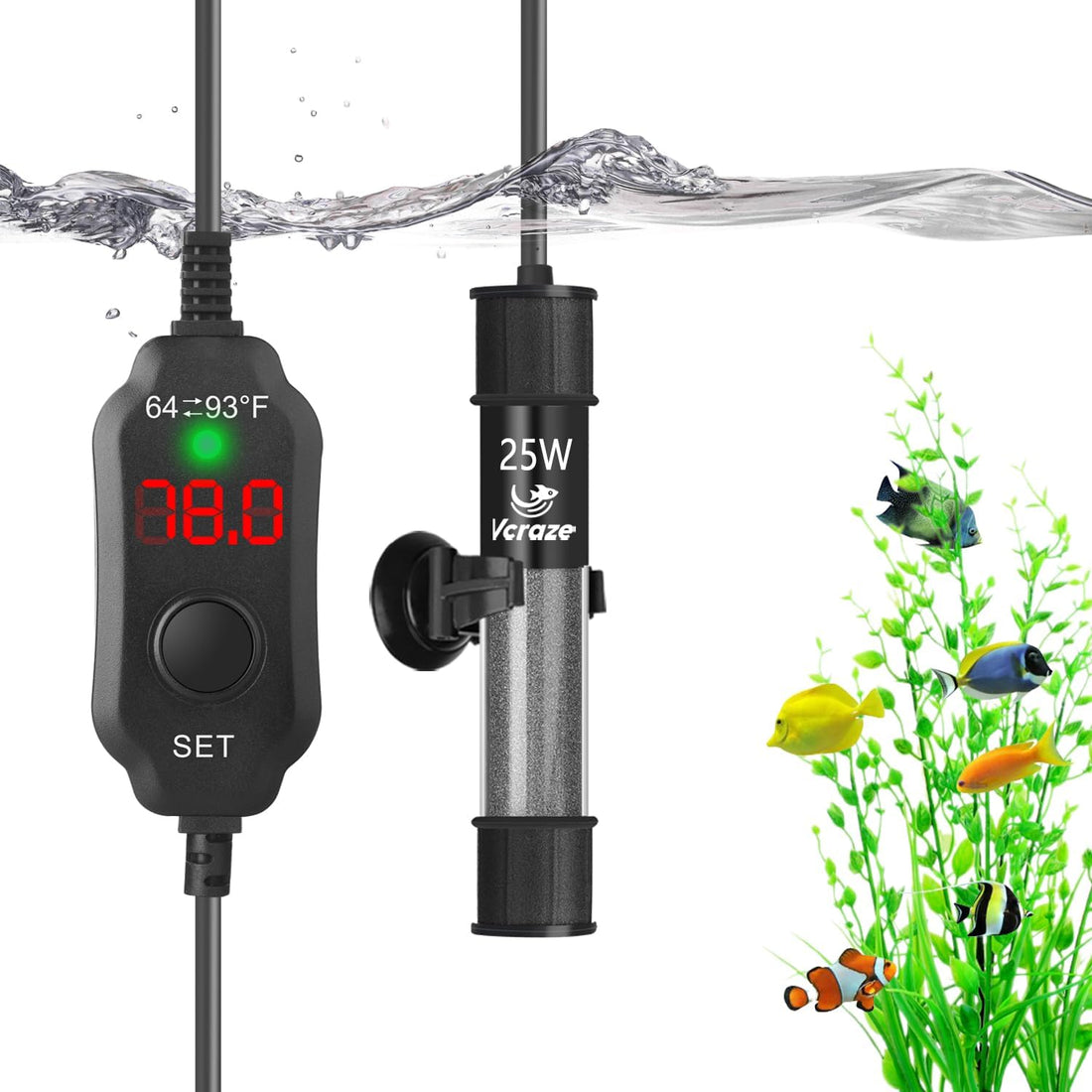 25W Compact Adjustable Aquarium Heater with Dry-Run & Overheat