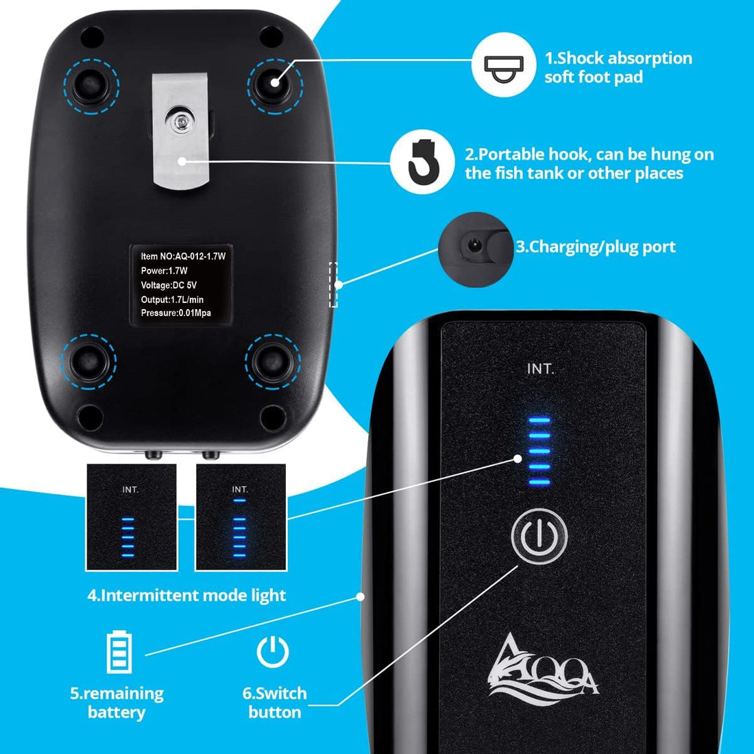 AQQA Aquarium Air Pump Battery Powered USB Rechargeable Aerator