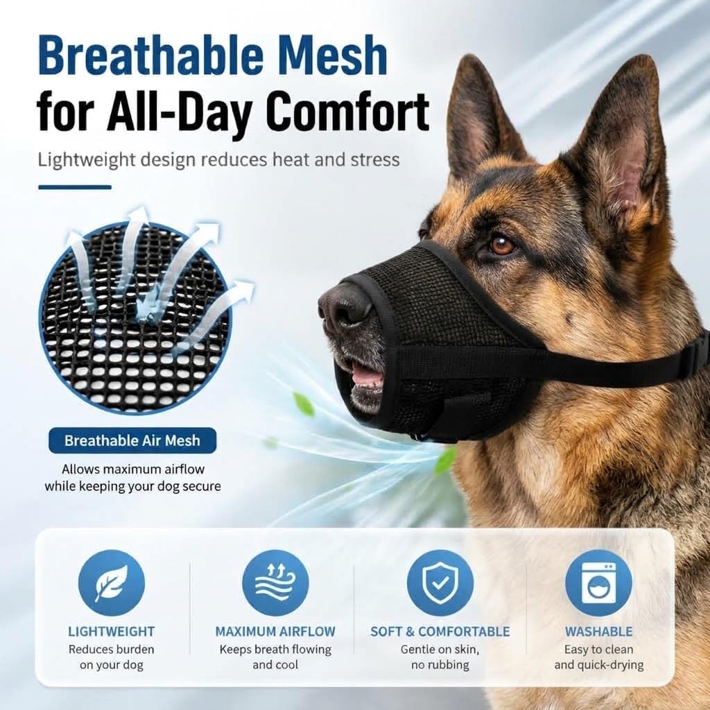 Dog Muzzle, Breathable Soft Mesh Adjustable Muzzle for Medium & Large