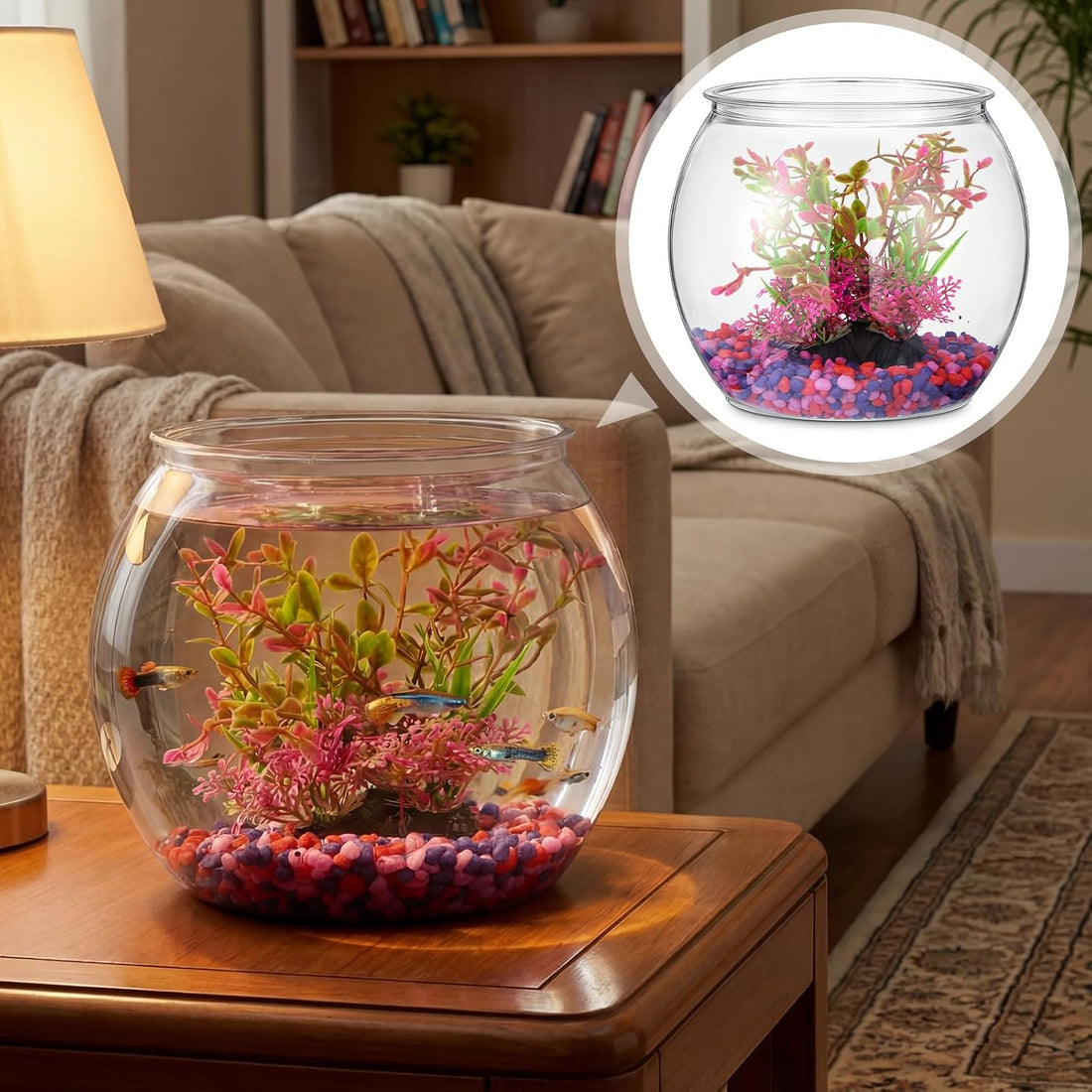 1 Gallon Plastic Fish Bowl,Red,Red Aquatic Plant