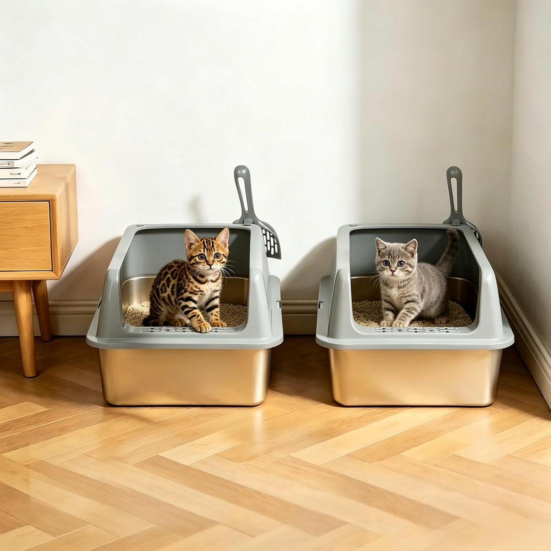 Kirecoo 2 Pack Medium Semi-Enclosed Stainless Steel Cat Litter Box