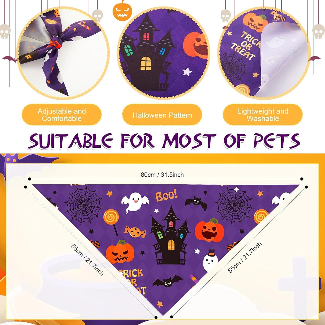 Abbylike 50 Pcs Halloween Dog Bandanas Bulk, Pumpkin Ghost Bat Skull