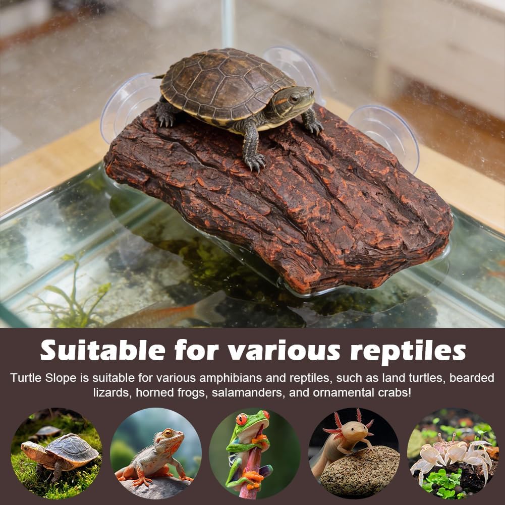 Turtle Basking Platform, Resin Bark‑Textured Turtle Dock with 3