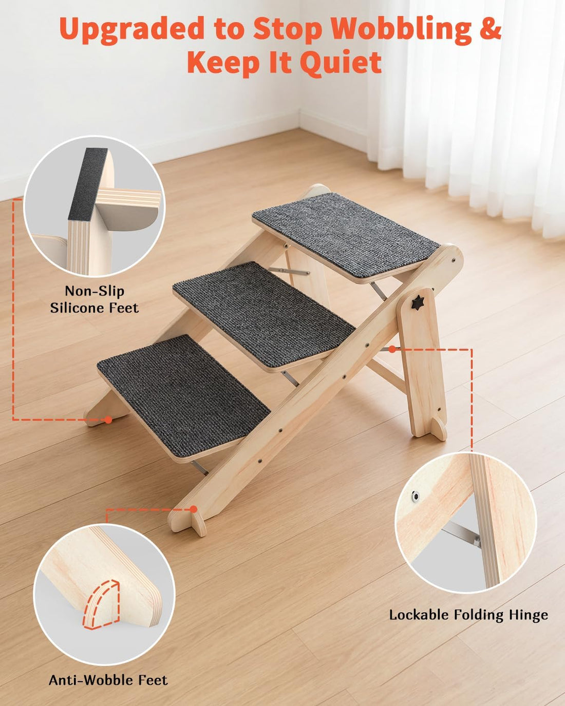 Woodure Foldable Dog Stairs, Convertible 3-Step Wooden Dog Ramp