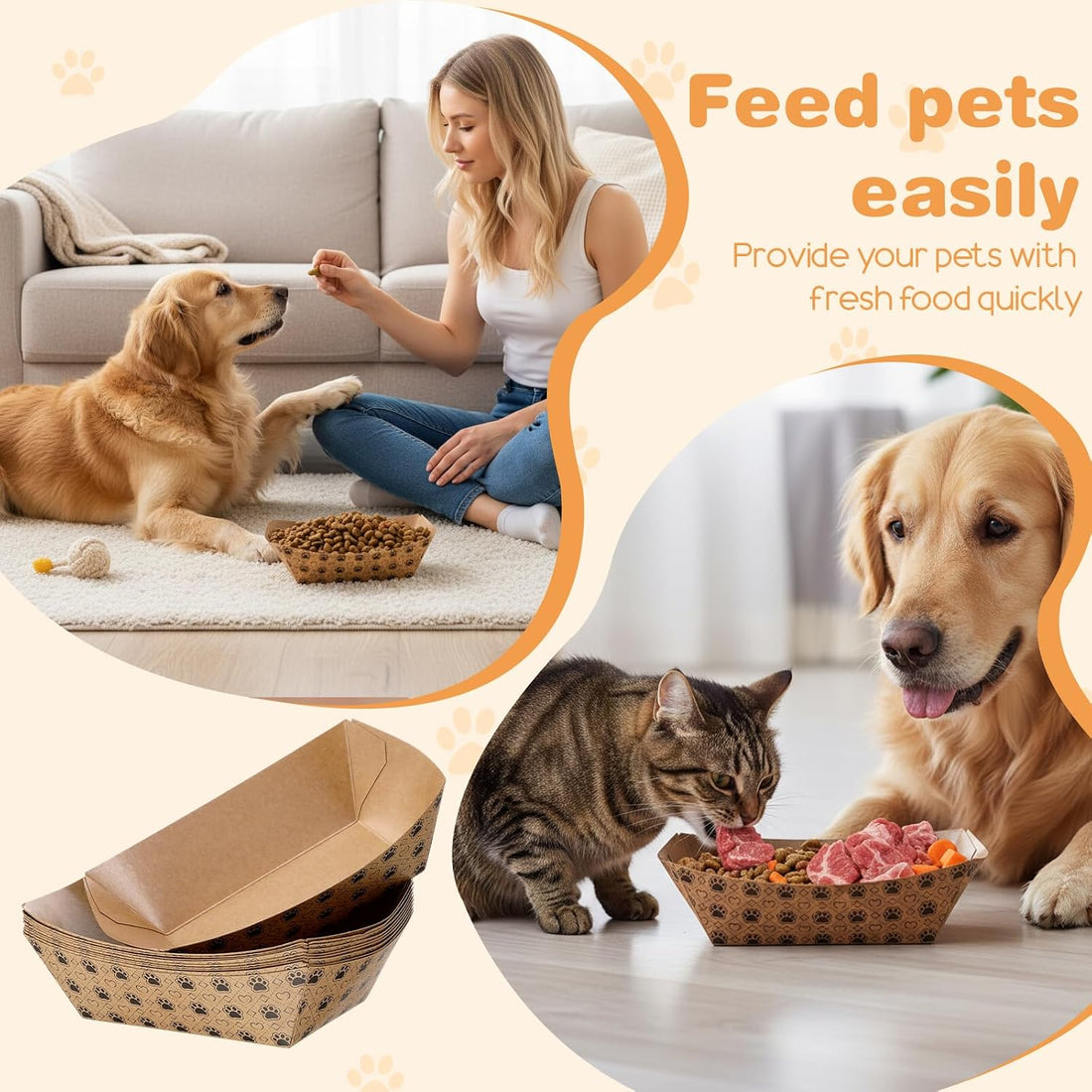200 Pcs Disposable Pet Bowls, 16 oz Cat Puppy Paper Serving Food Tray