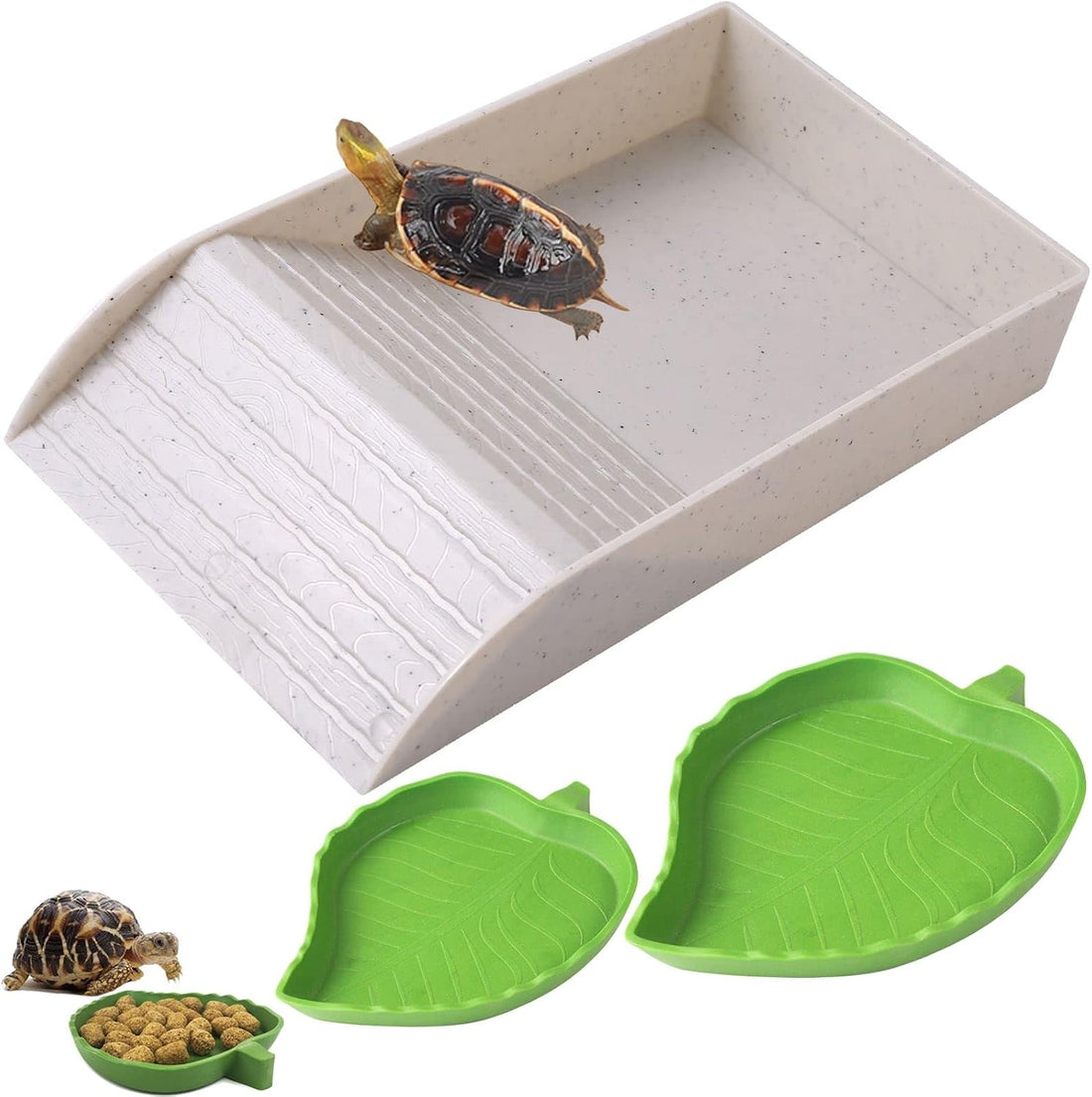 3pcs Tortoise Food Dish with Ramp and Basking Platform Leaf Tortoise