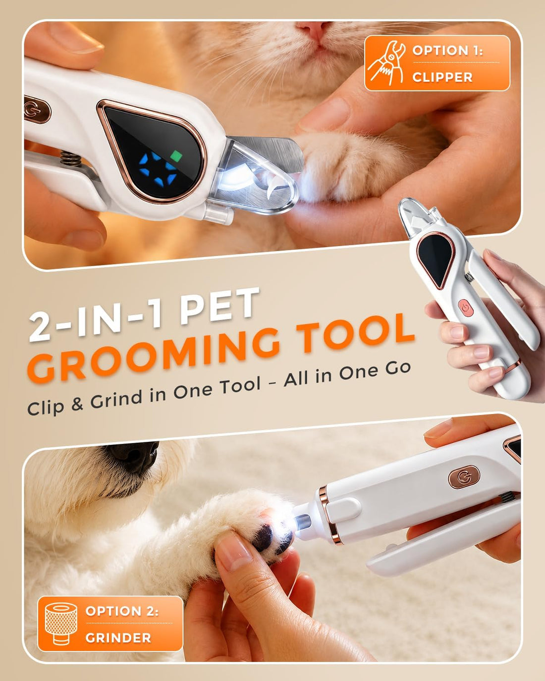 2-in-1 Dog Nail Clippers & Cat Grinder with Dual LED Lights