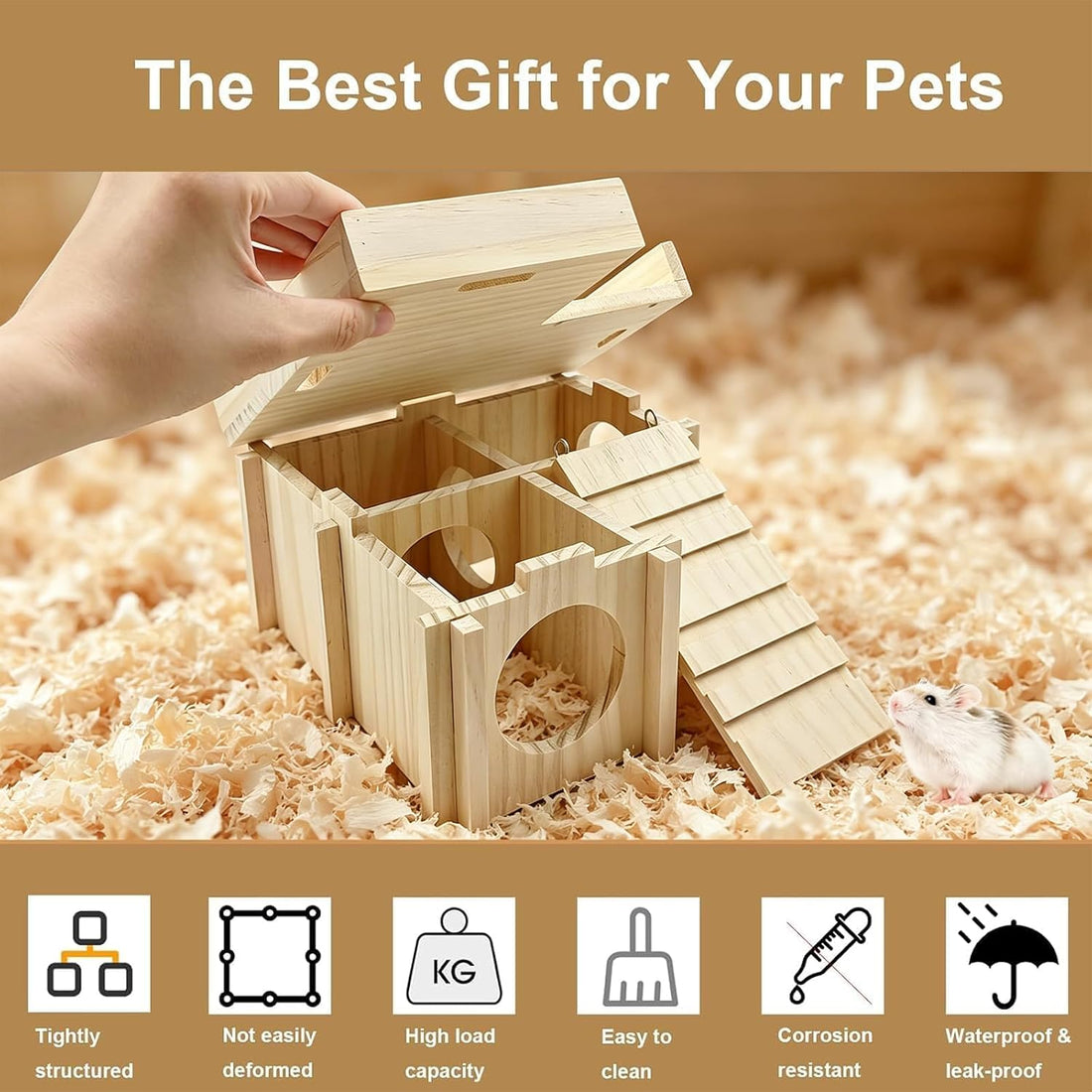Wooden Hamster Hideout House with Platform, Bowl & Ladder