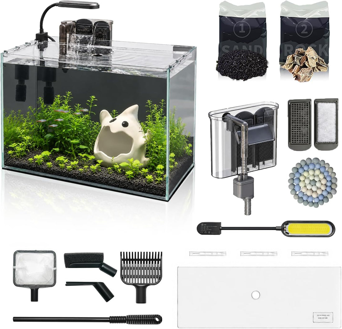 1.25 Gallon Fish Tank Small Glass Aquarium Kit Starter Set Dark