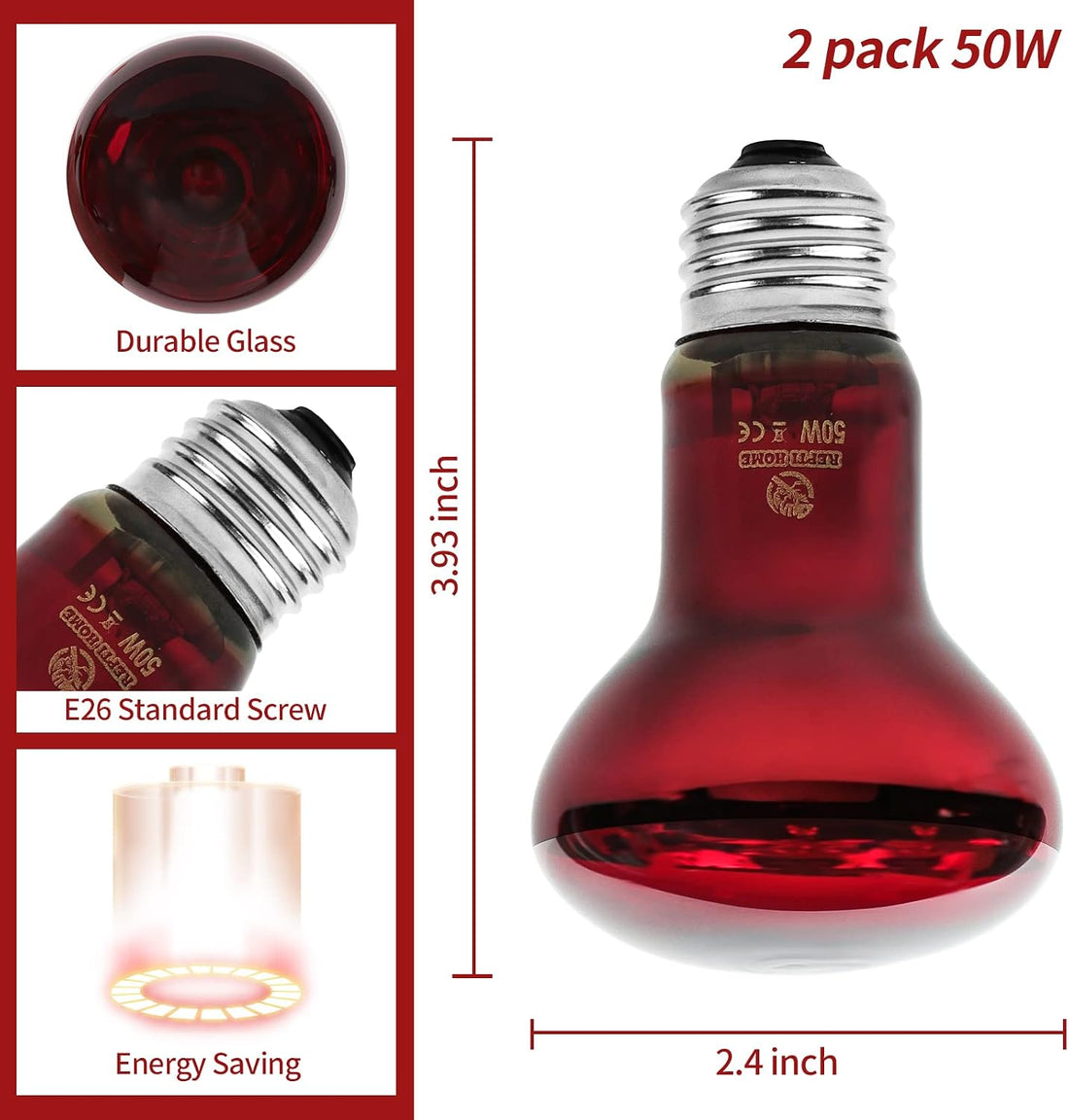 Infrared Reptile Heat Lamp Bulbs,2 PCS 50W Reptiles & Amphibians