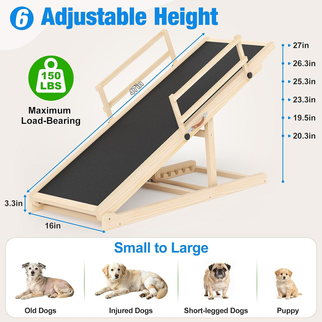 Tresbro Dog Ramp for Bed, 47'' Long 20.3''-27'' Adjustable Height Pet