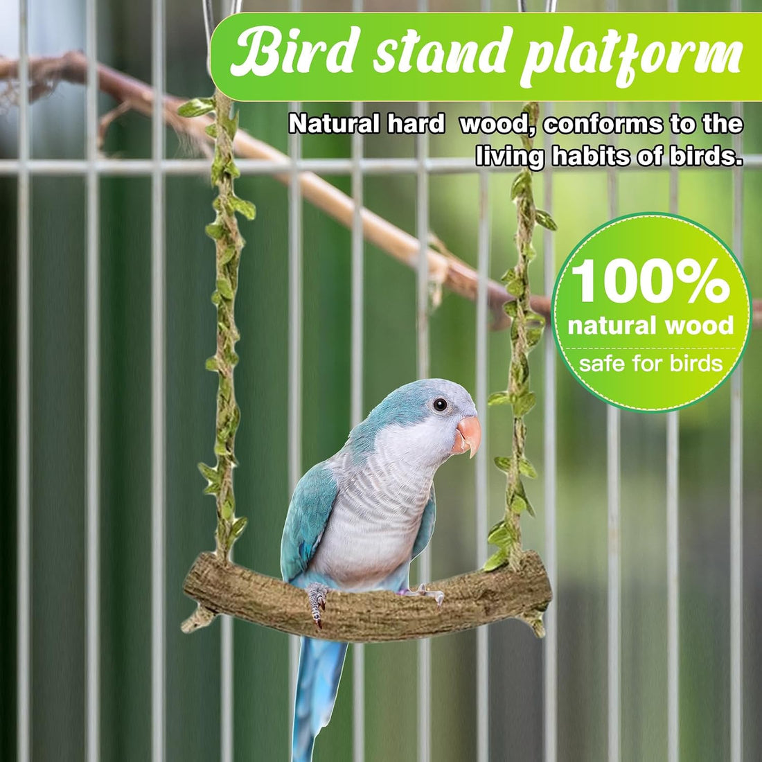Hiwzitar Natural Wood Bird Swing Perch with Decorative Leaves