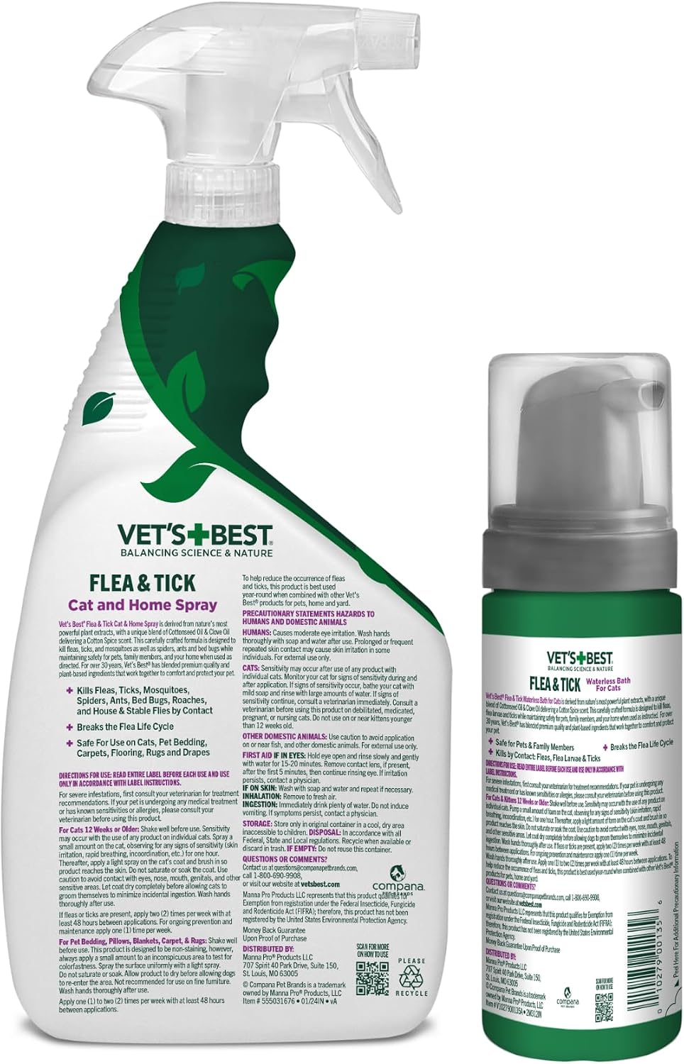 Vet's Best Cat Flea & Tick Spray 32 oz & Waterless Bath 5 oz Bundle