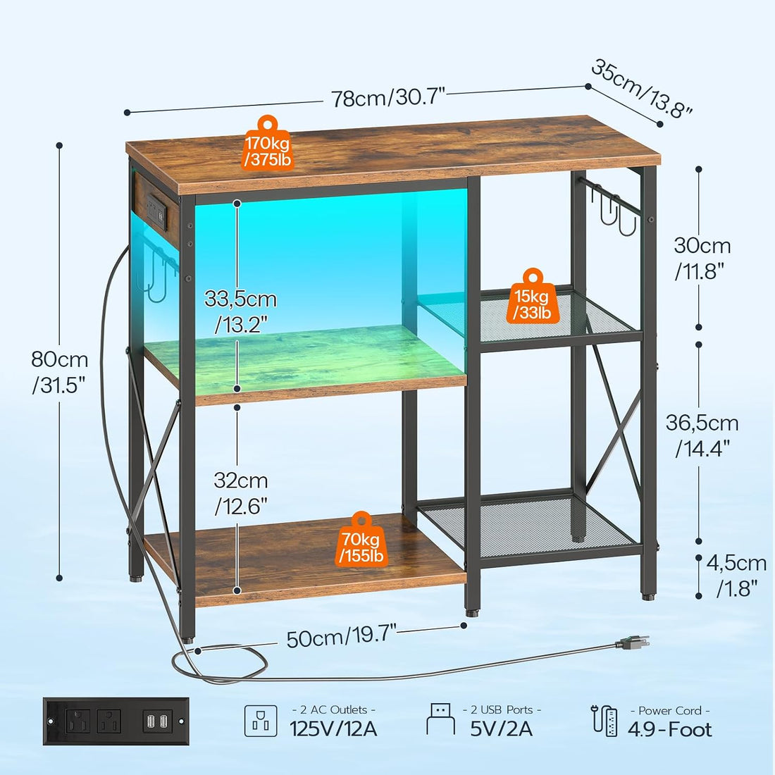 HOOBRO Fish Tank Stand with Power Outlet and LED Light, Aquarium Stand