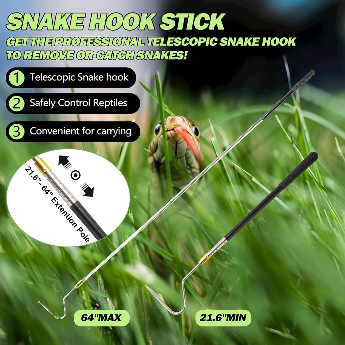 Yorikyas 64 inch Snake Catcher Hook Stick Tongs Grabber Handling Tool