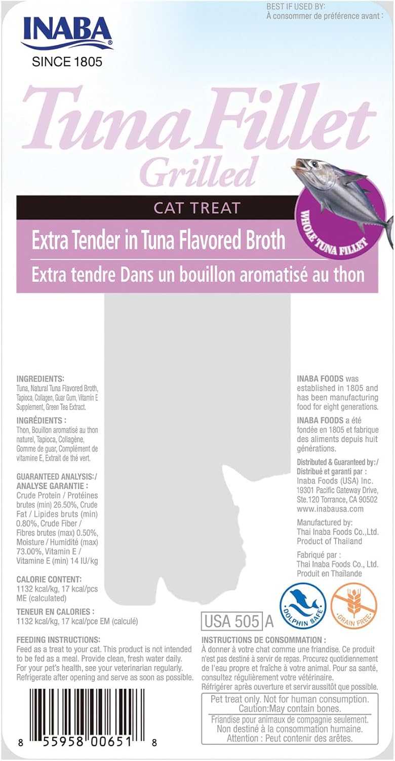 INABA Grilled Fillets Cat Treats, Extra Tender Tuna in Tuna Broth, 6ct