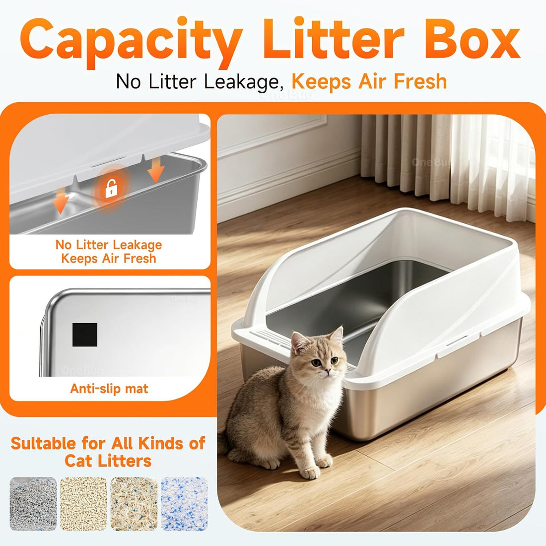OneBug Stainless Steel High Sides Cat Litter Box with Scoop