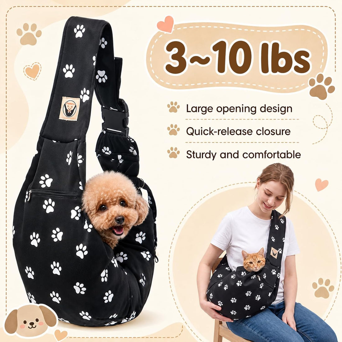Shoulder Bags for Small Dogs, Dog Shoulder Carrier, Dog Paw, Black, M