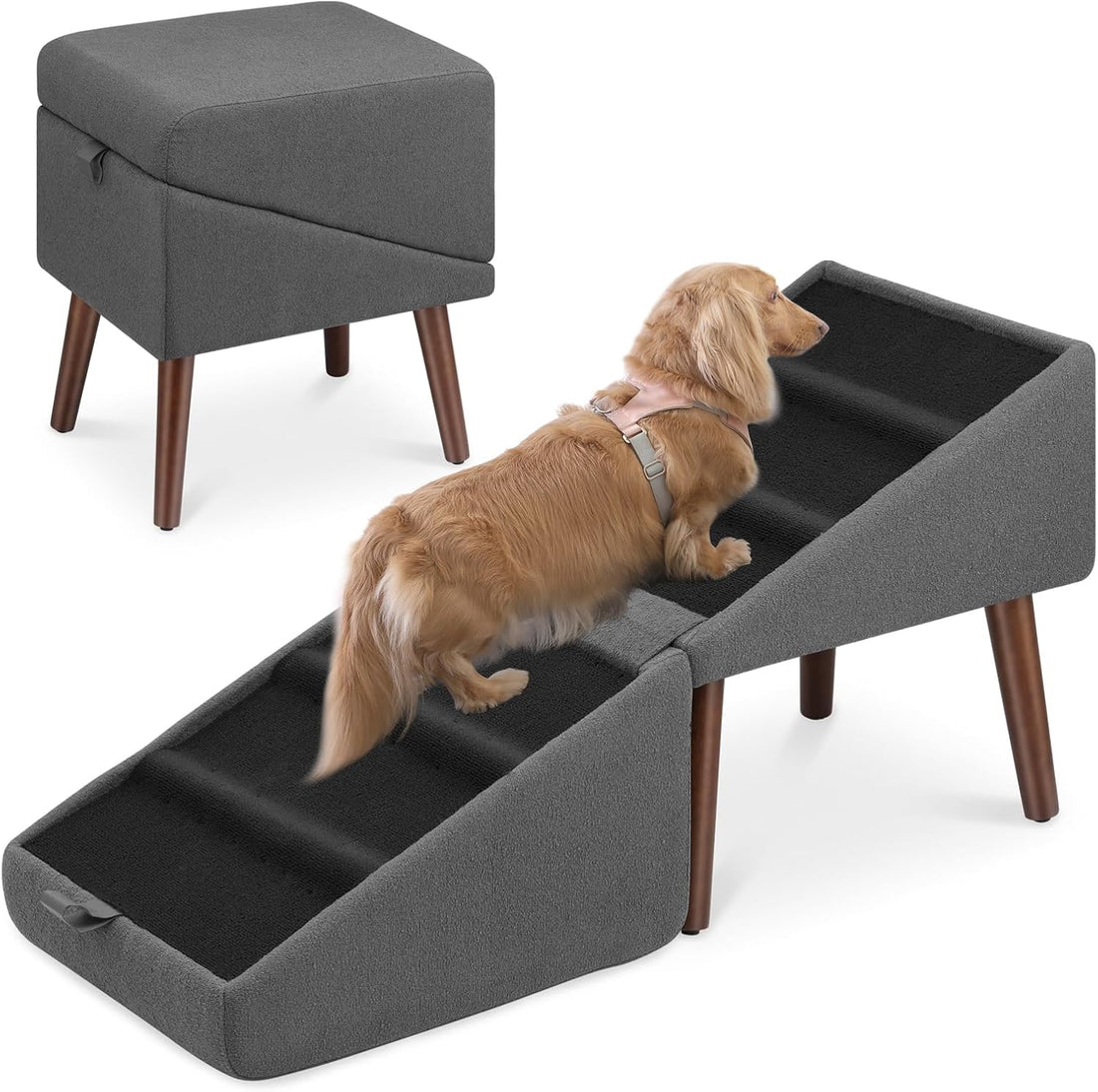 XXL Dog Stairs for Large Dogs, 2-in-1 Foldable Dog Ramp & Bed Bench