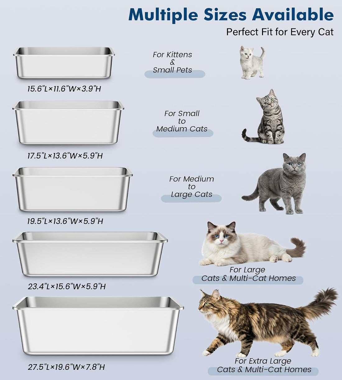 Qiuma Stainless Steel Litter Box, Metal Cat Litter Box with High Sides