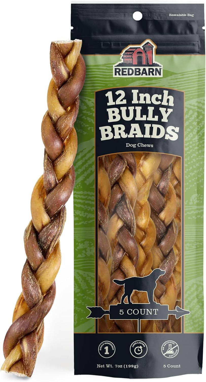 Redbarn 12" Braided Bully Sticks 100% Natural, Long Lasting, 5 Count