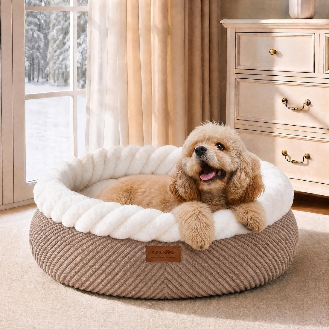 FUKUMARU Cute Round Cat Bed, Calming Donut Small Dog Beds, Washable