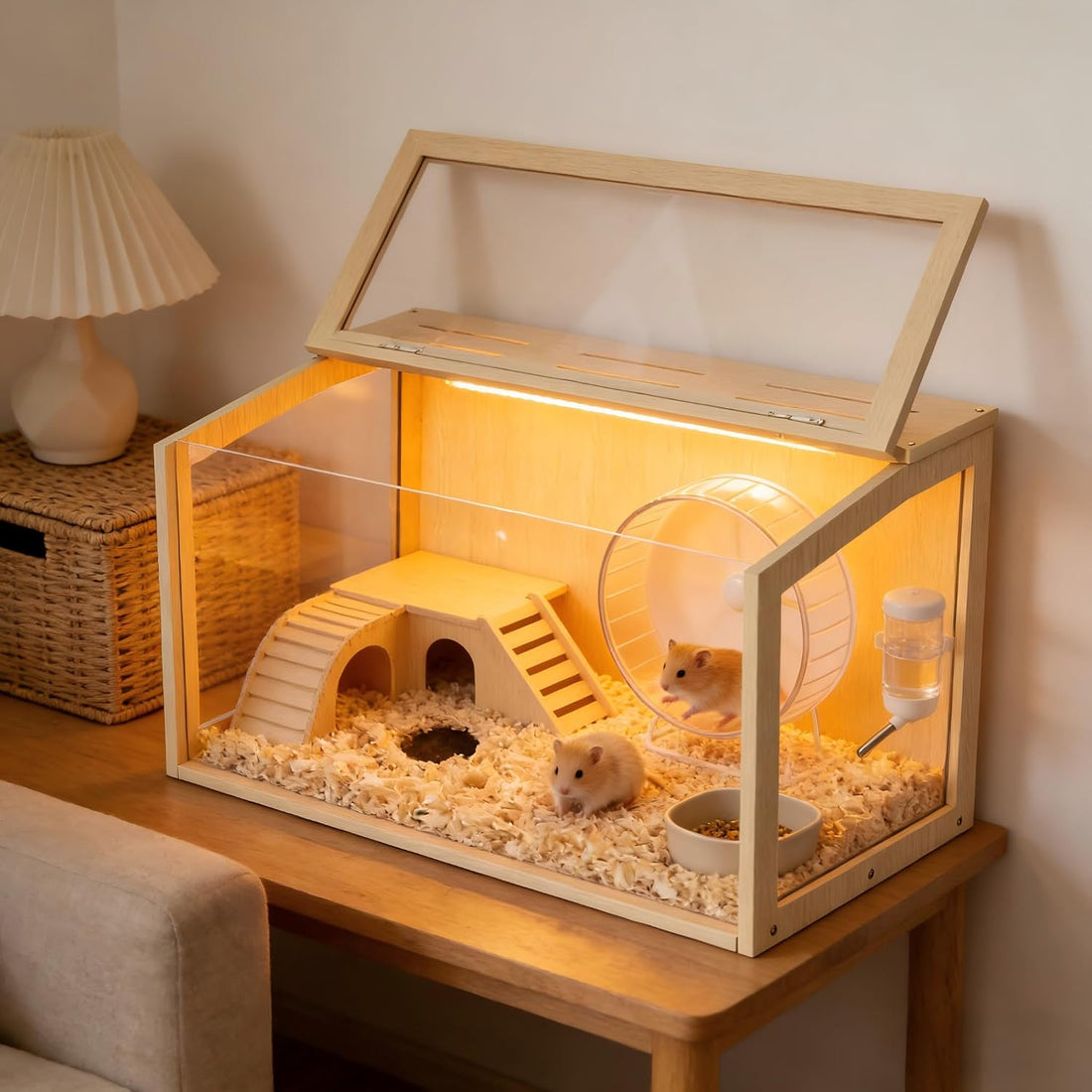 Hamster Cage: 24inch Wooden Small Animal Cage with Warm Light