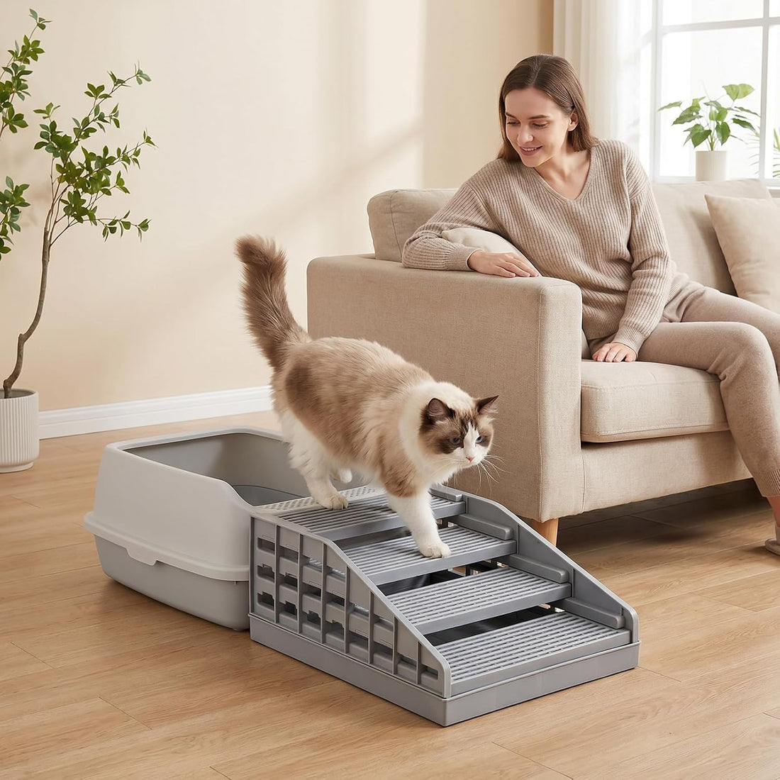 Adjustable Litter Box Step, Elevated Cat Ramp/Stairs with Filter