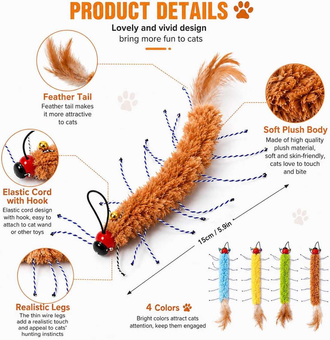 4 Pcs Artificial Millipede Refills,Cat Wand Toy Attachments