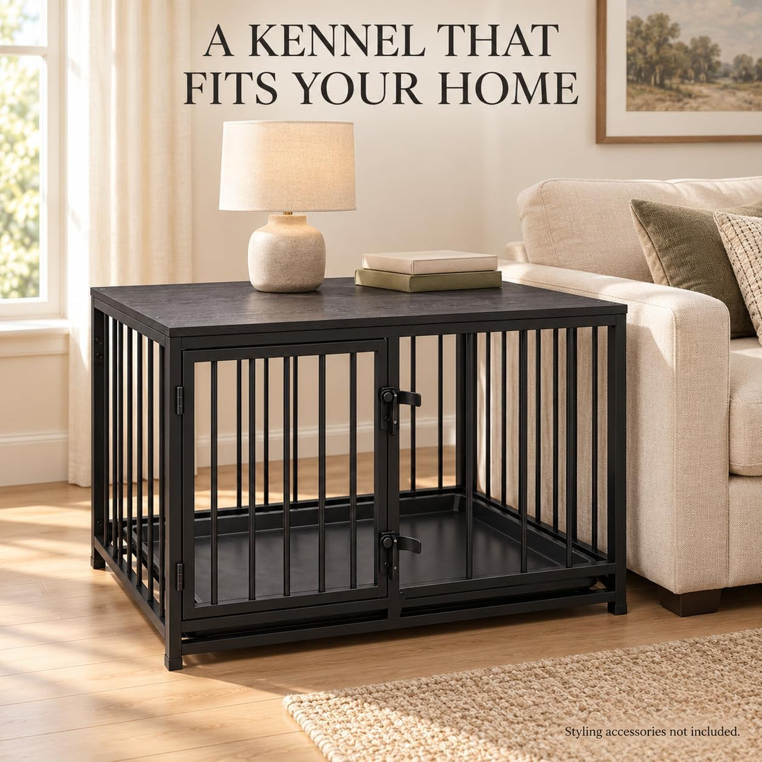 Dog Crate Furniture, 33.5" Metal Dog Kennel, Wood Tabletop