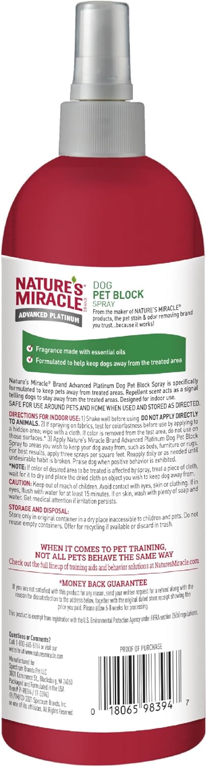 Nature's Miracle Dog Pet Block Repellent Spray, for Indoor Training