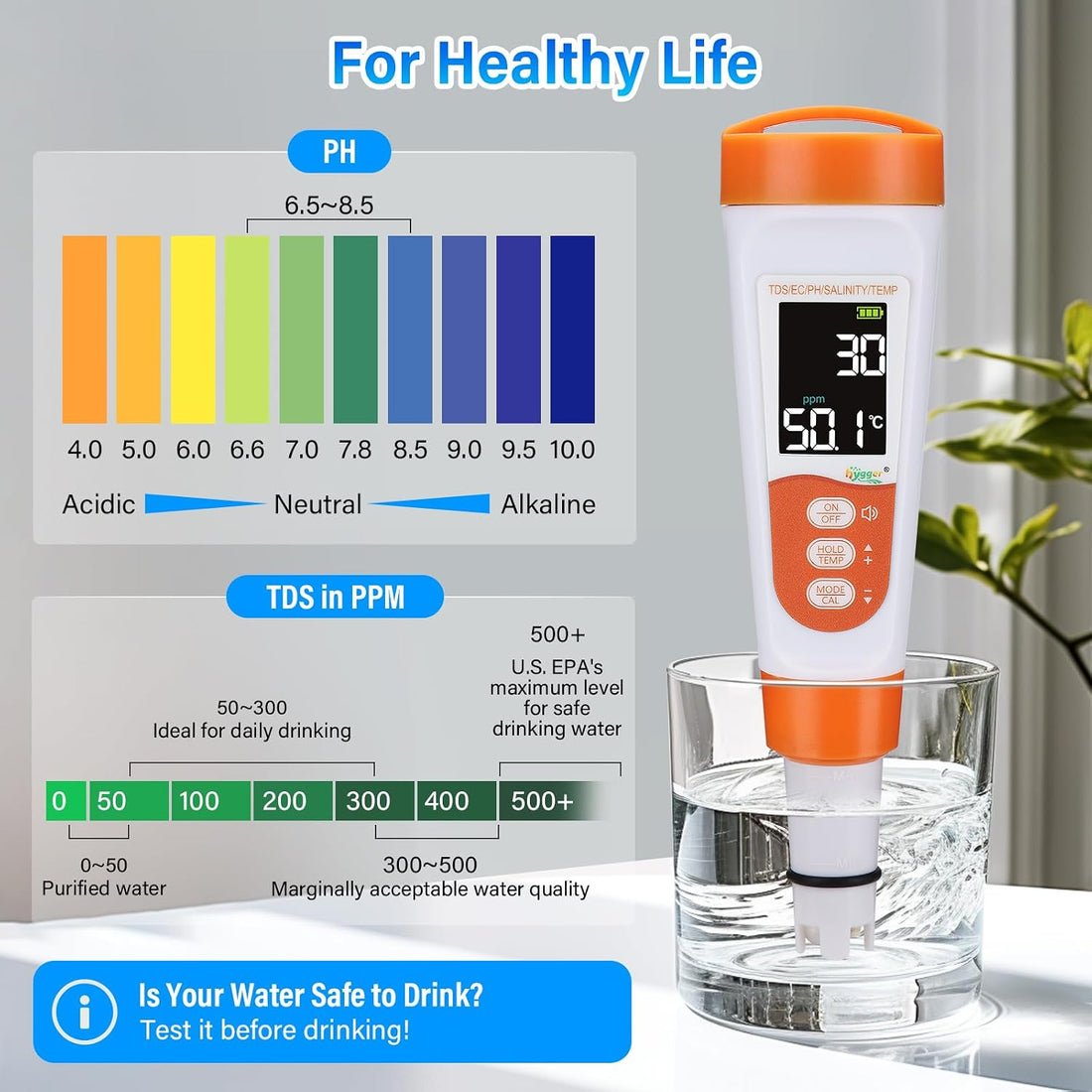 hygger Pool Salt Tester & PH Meter, 5-in-1 Digital Pool Water Tester