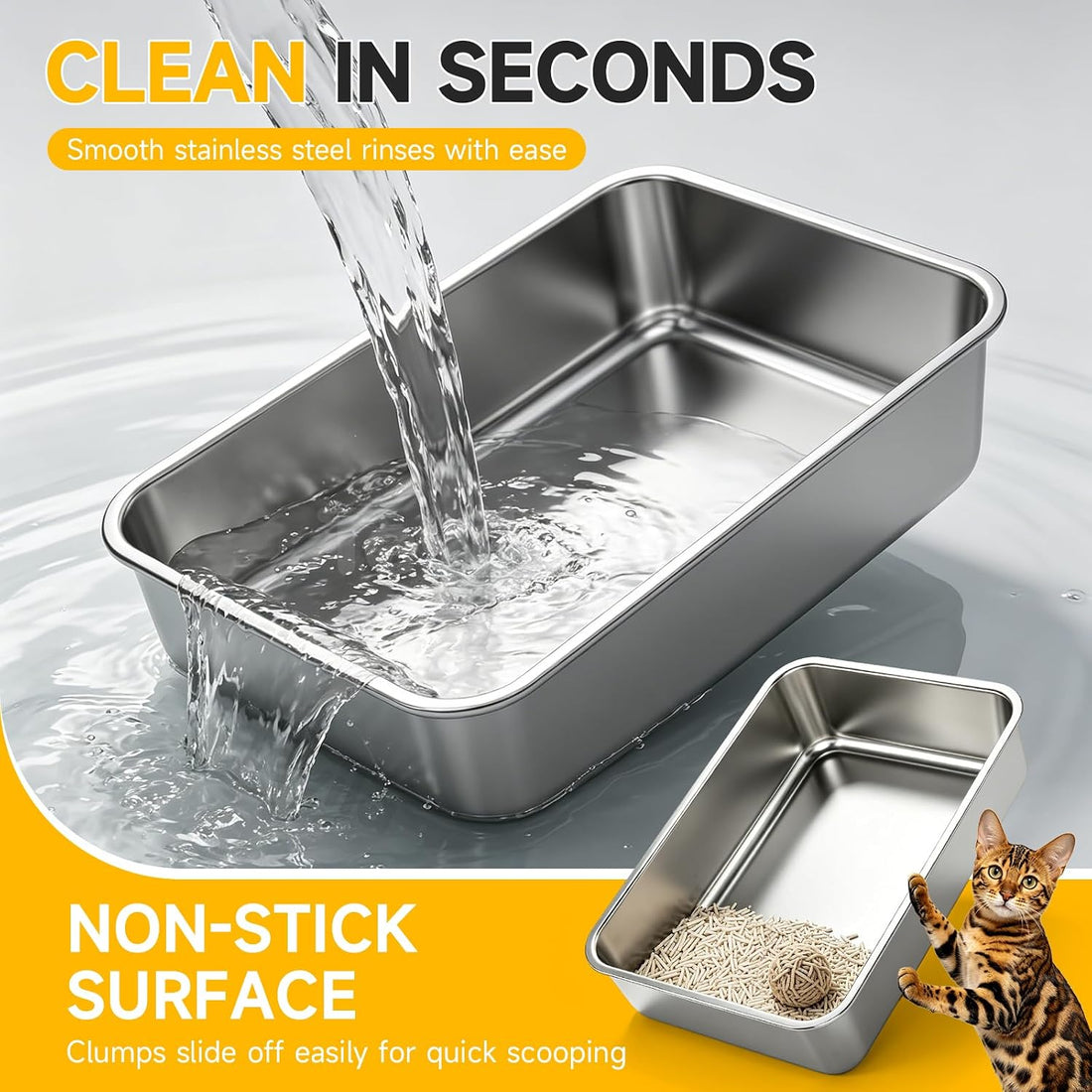 XL Open Top Stainless Steel Litter Box with High Sides,Light Gray