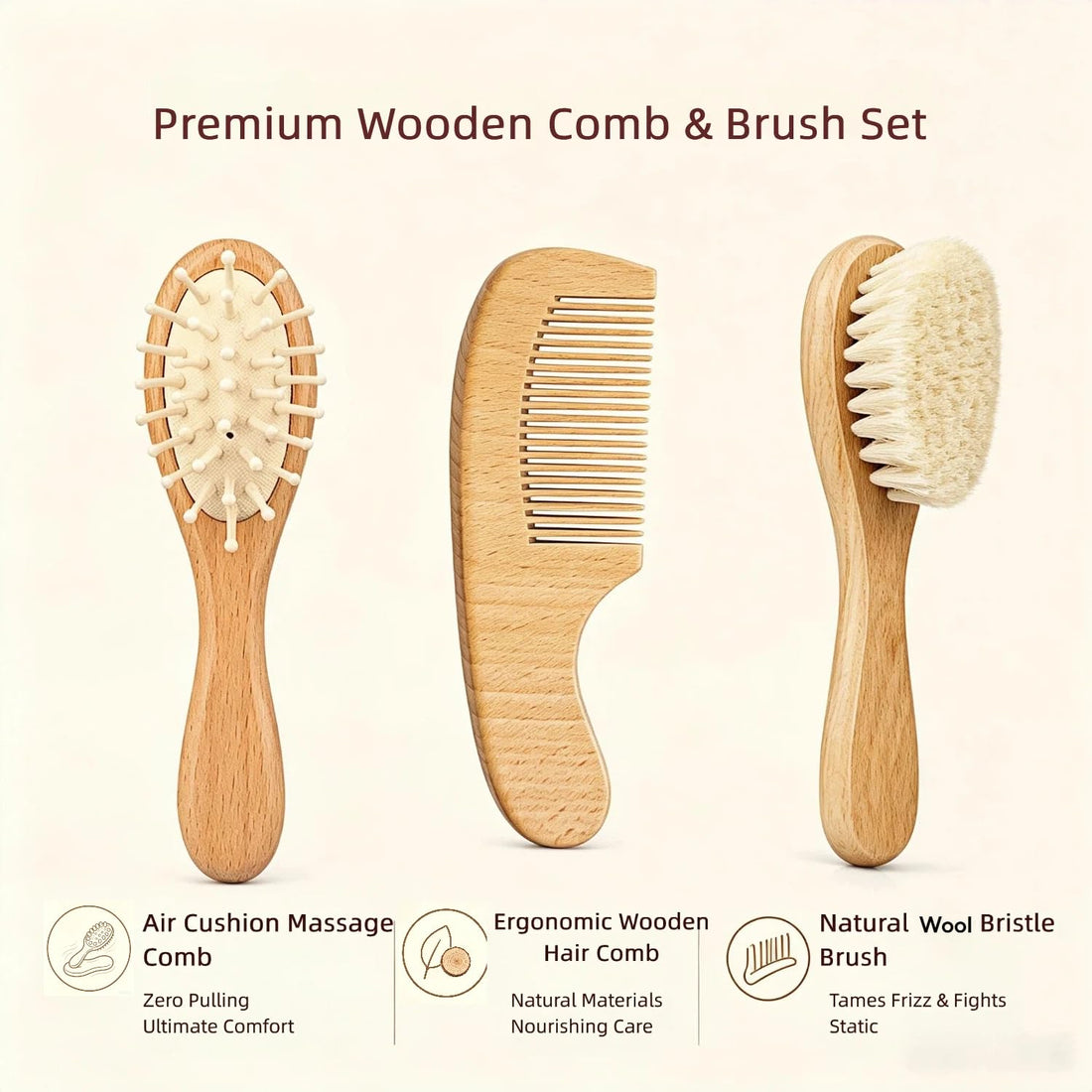 3 Pack Soft Wool Grooming Brush & Massage Comb Set for Small Pet