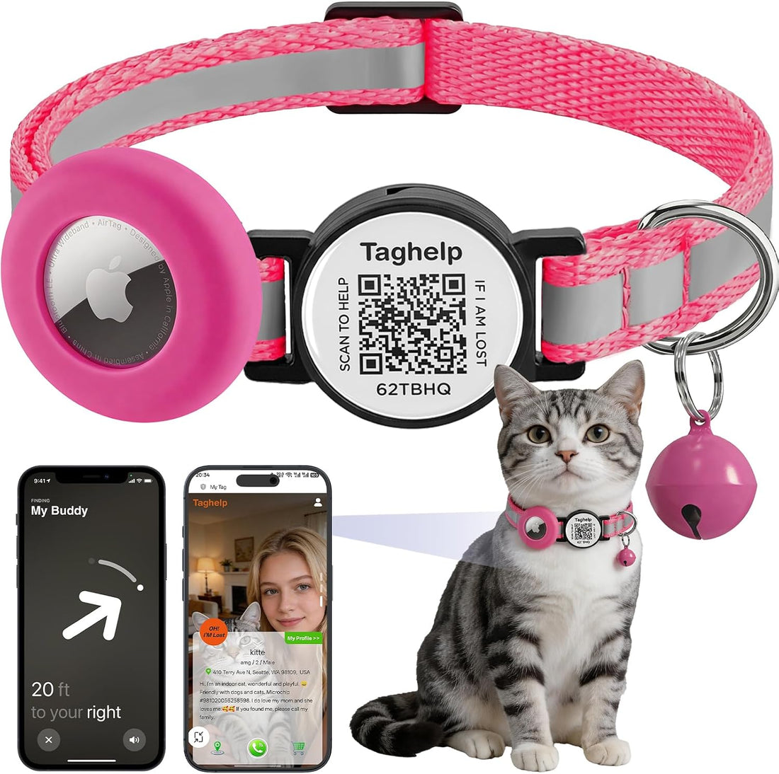AirTag Holder Breakaway Cat Collar QR Code, Reflective Bell