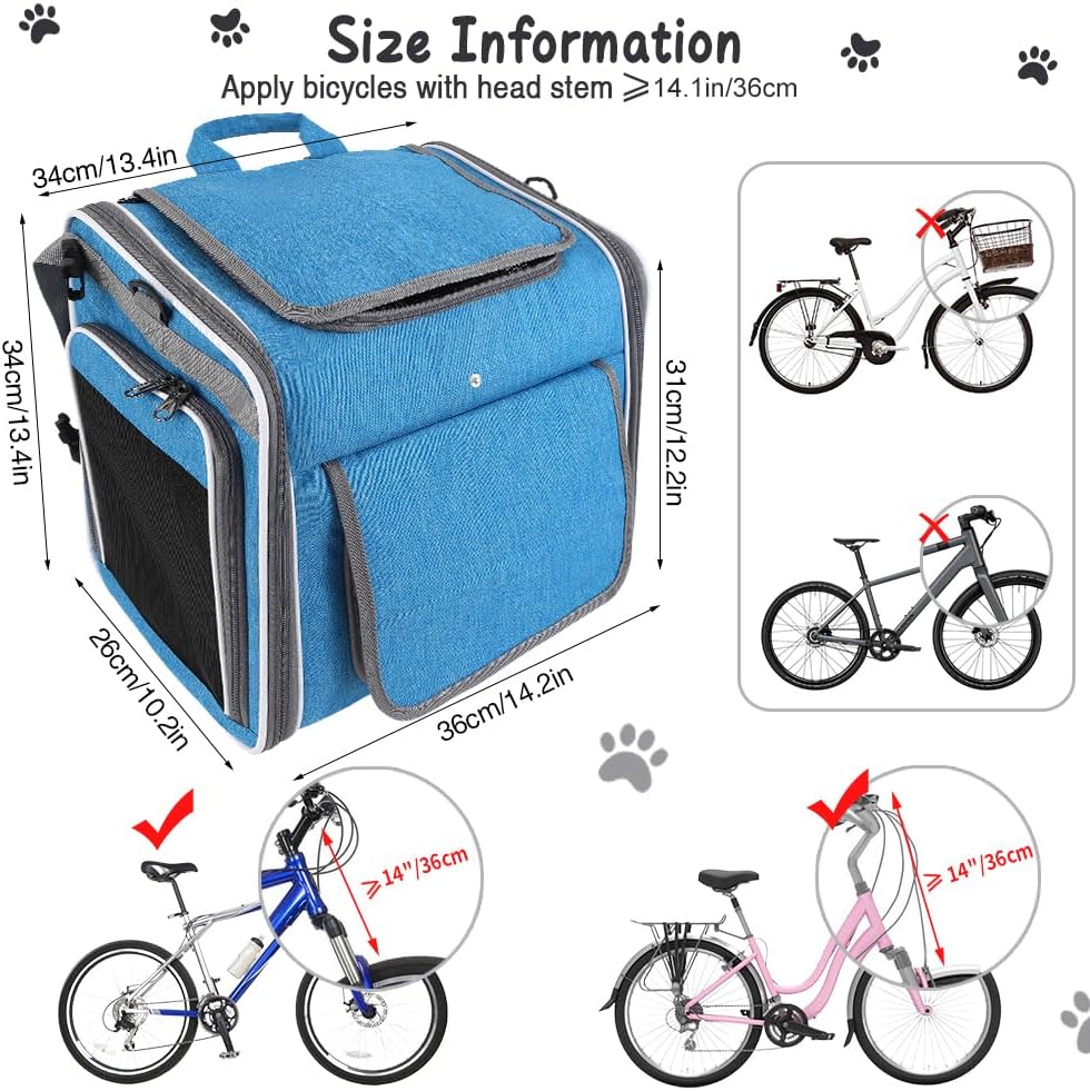Expandable Dog Bike Basket Carrier, Foldable Pet Bicycle Backpack