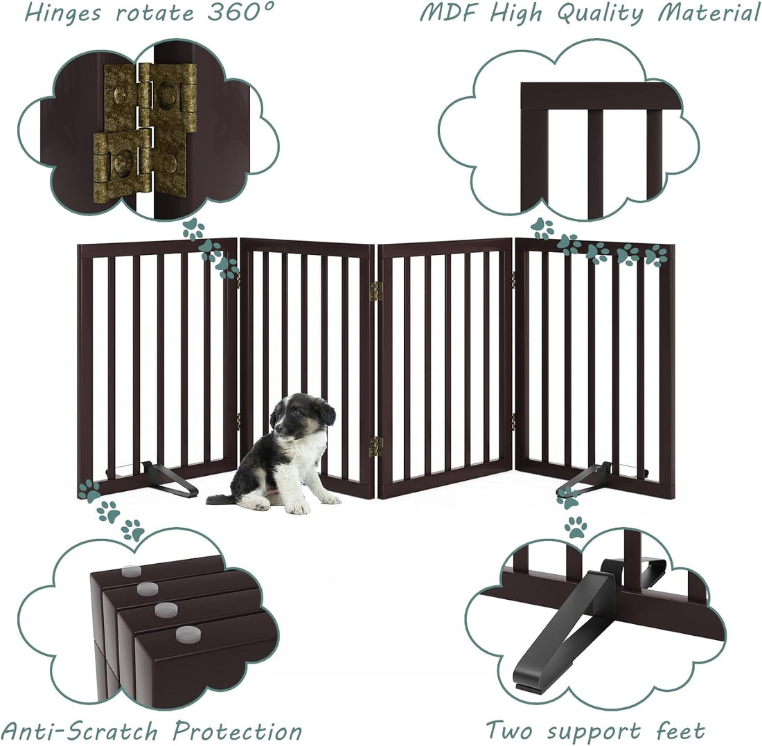 Wooden Dog Gate Freestanding Foldable 4 Panel Pet Gates Extra Wide