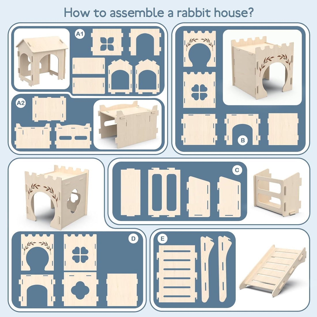 2-Level Wooden Rabbit Castle with Ramp and Hay Feeder
