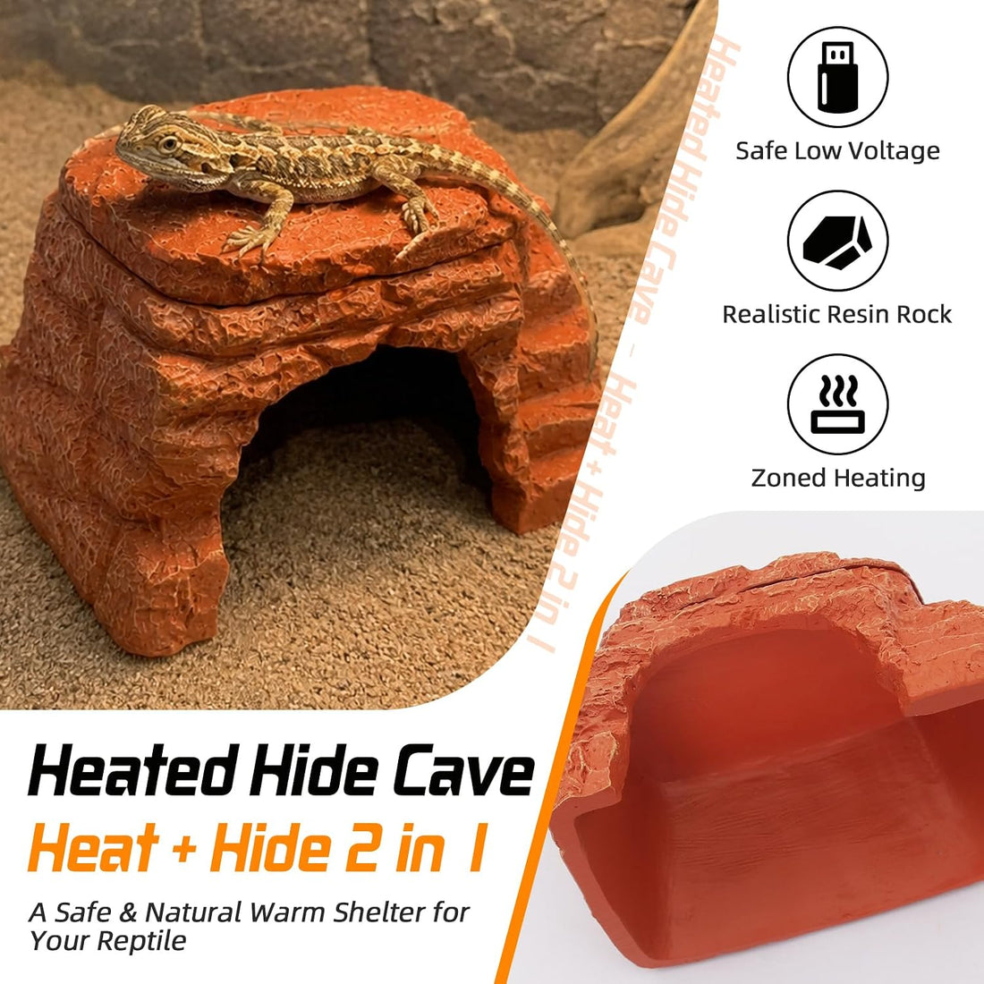 Heated Reptile Hide Cave USB 5V/2A Thermostat Heating Rock