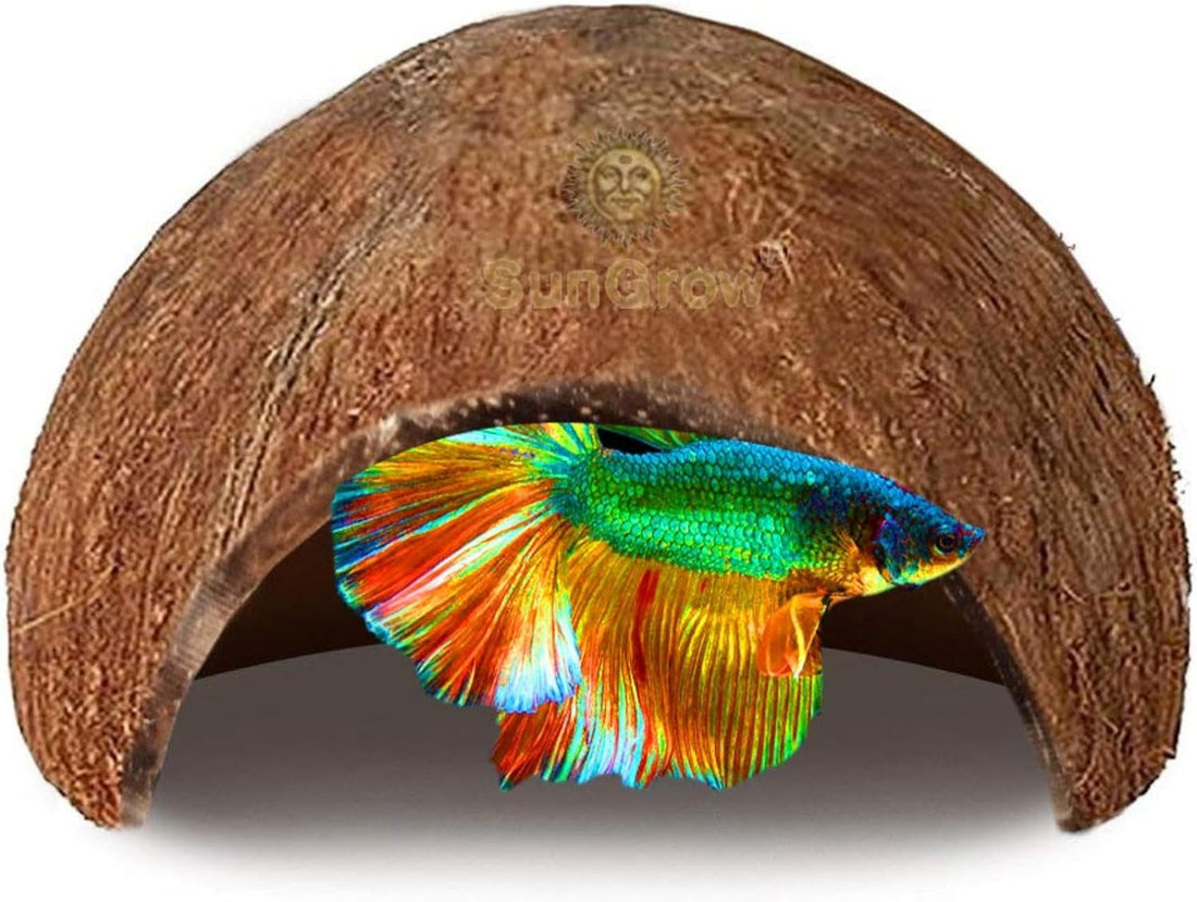 SunGrow Betta Fish Cave, Habitat Made from Coconut Shell