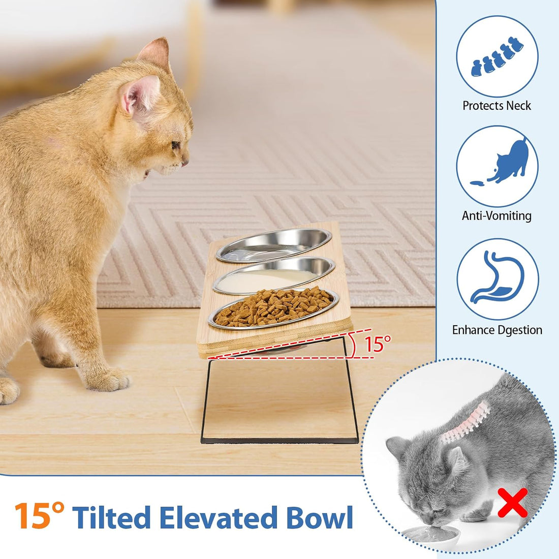 Elevated Cat Bowls, 15° Tilted Glass Raised Cat Food and Water Bowl