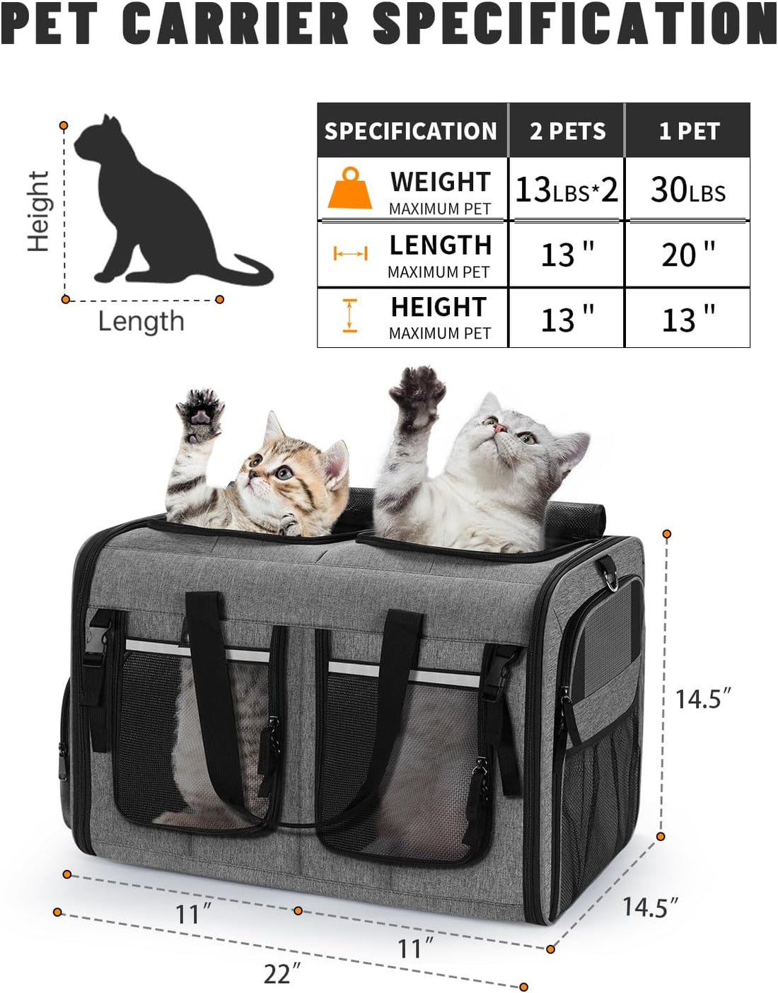 Double Cat Carrier for Two Cats, Foldable