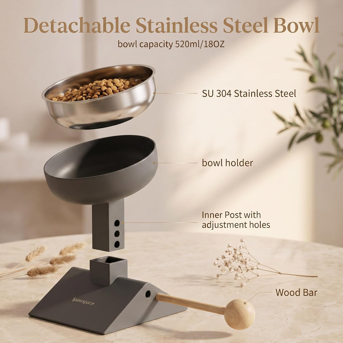 Adjustable Elevated Cat Bowl, 304 Stainless Steel Bowl, 18oz