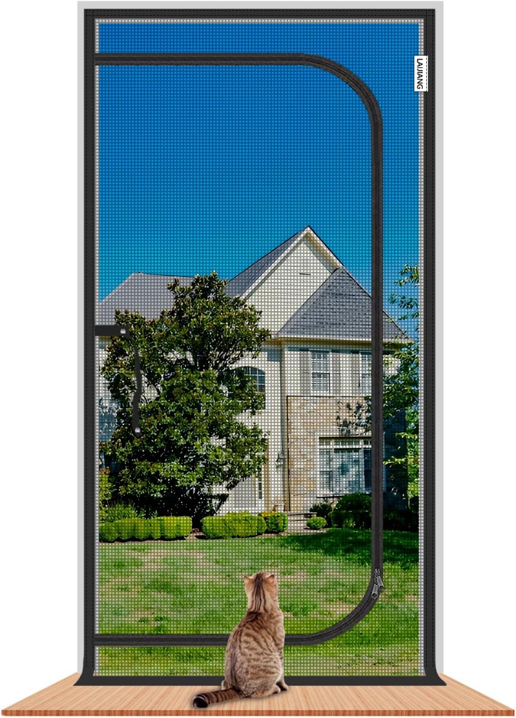 Reinforced Cat Screen Door with Zipper Fits Openings 57x85''